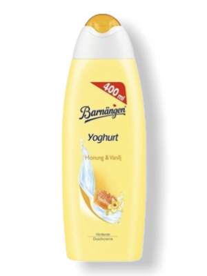 Barninger Yoghurt shower gel bottle on a white background