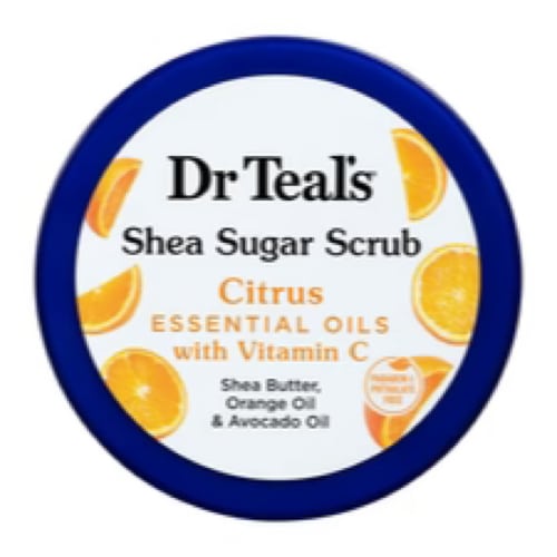 Dr Teal's Shea Sugar Scrub container with citrus design on a white background