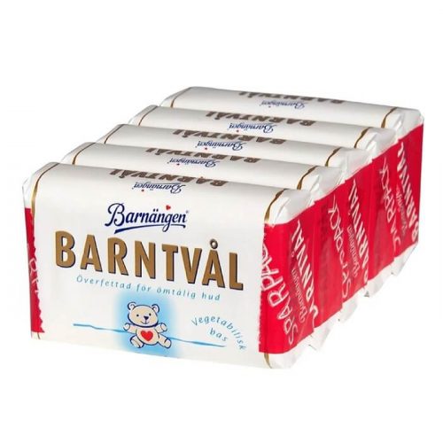 Multiple packages of Barnängen Barntvöl soap on a white background