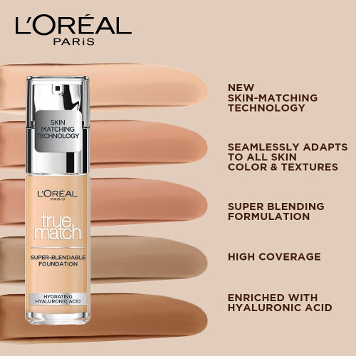 L'Oreal Paris true match foundation bottle with color swatches and product features on a beige background