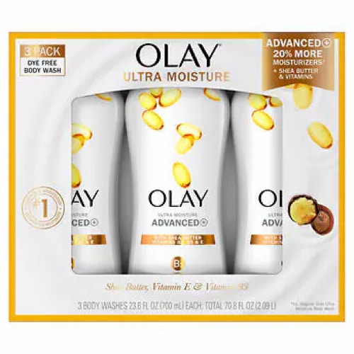 Olay Ultra Moisture body wash packaging with three bottles inside
