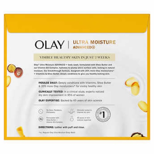 Olay Ultra Moisture Advanced body wash packaging with yellow border