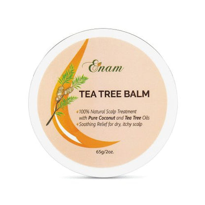 Tea tree balm container with branding and product details on a white background