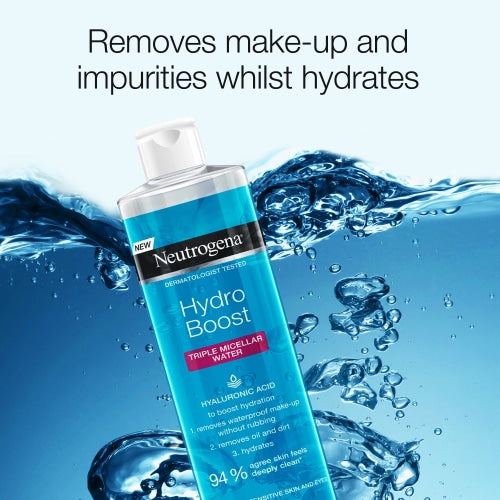 Neutrogena Hydro Boost micellar water bottle with water droplets and text on a blue background