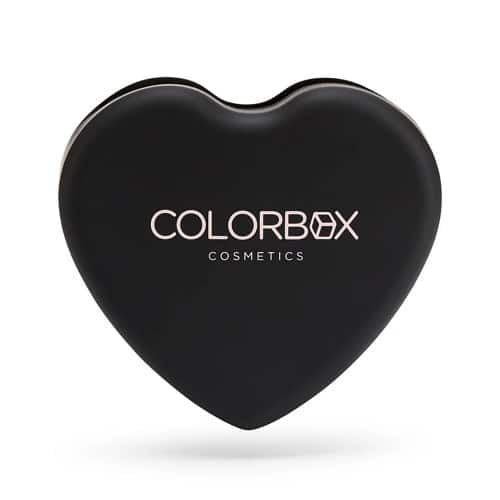 Heart-shaped black makeup compact with 'Colorbox Cosmetics' logo on a white background