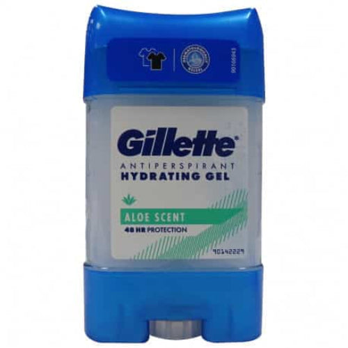 Gillette antiperspirant hydrating gel with blue and white packaging on a white background