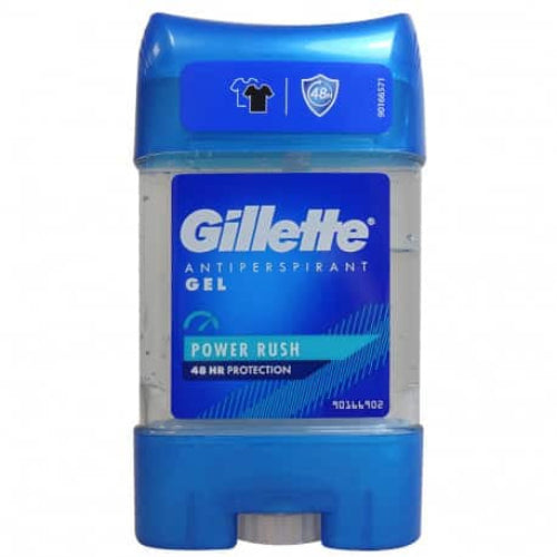 Blue container of Gillette Antiperspirant Gel with 'Power Rush' on a white background