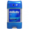 Blue container of Gillette Antiperspirant Gel with 'Power Rush' on a white background