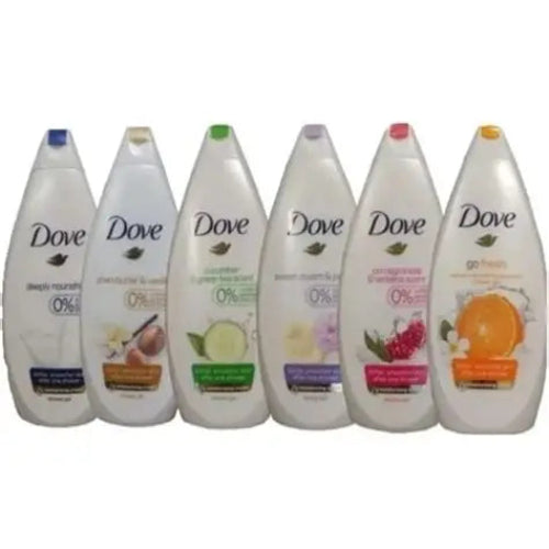 Set of Dove bath products on a white background