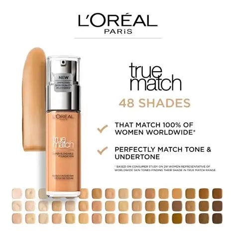 L'Oreal Paris True Match foundation bottle with color swatches on a white background