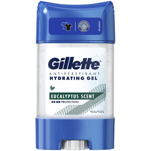 Gillette antiperspirant hydrating gel stick with blue and white design on a white background