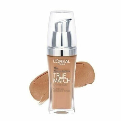 L'Oreal Paris True Match foundation bottle with swatch on a white background