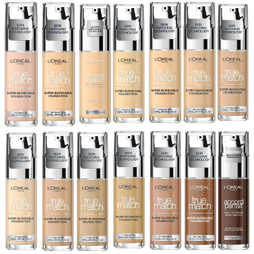 Multiple bottles of L'Oreal True Match foundation in various shades.